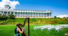 A harpist on the lawn