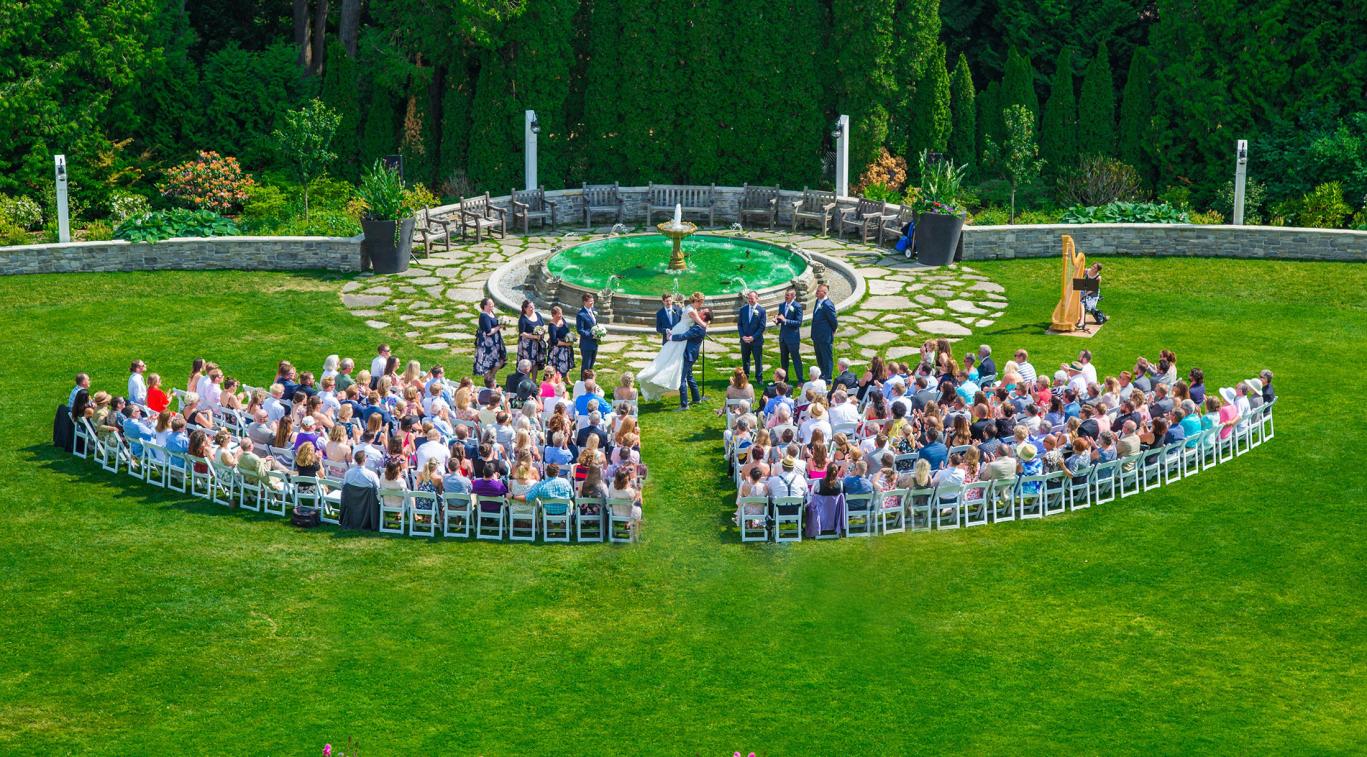 Guests sitting at a wedding on the lawn