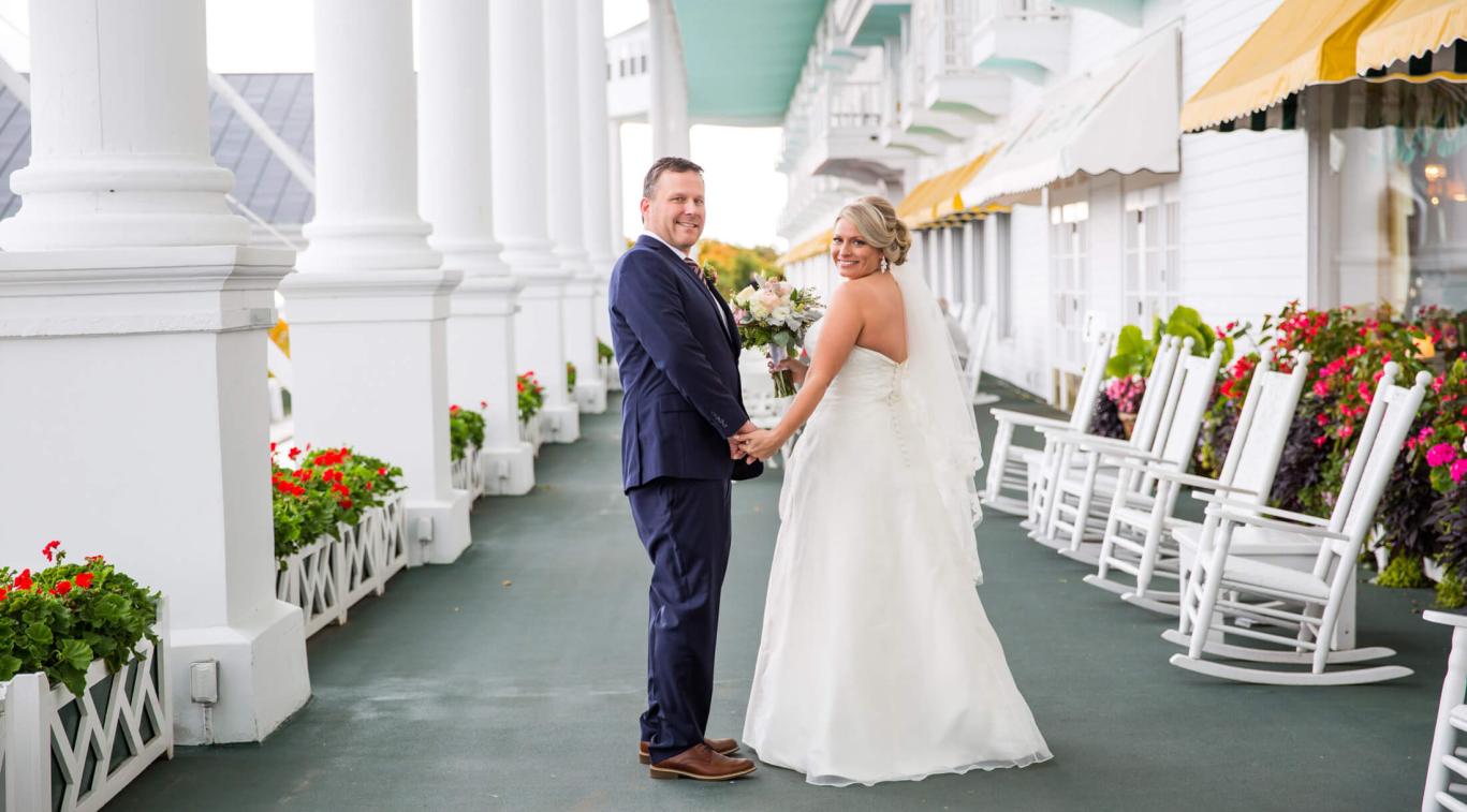 A newly married couple on the porch