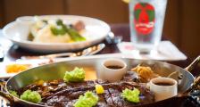 Dinner table with a steak