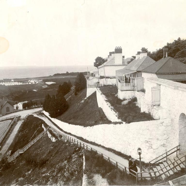 An old black and white photo of Fort Mackinac