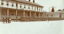 An old black and white photo, the interior of Fort Mackinac