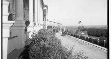 An old black and white photo, the front of the hotel