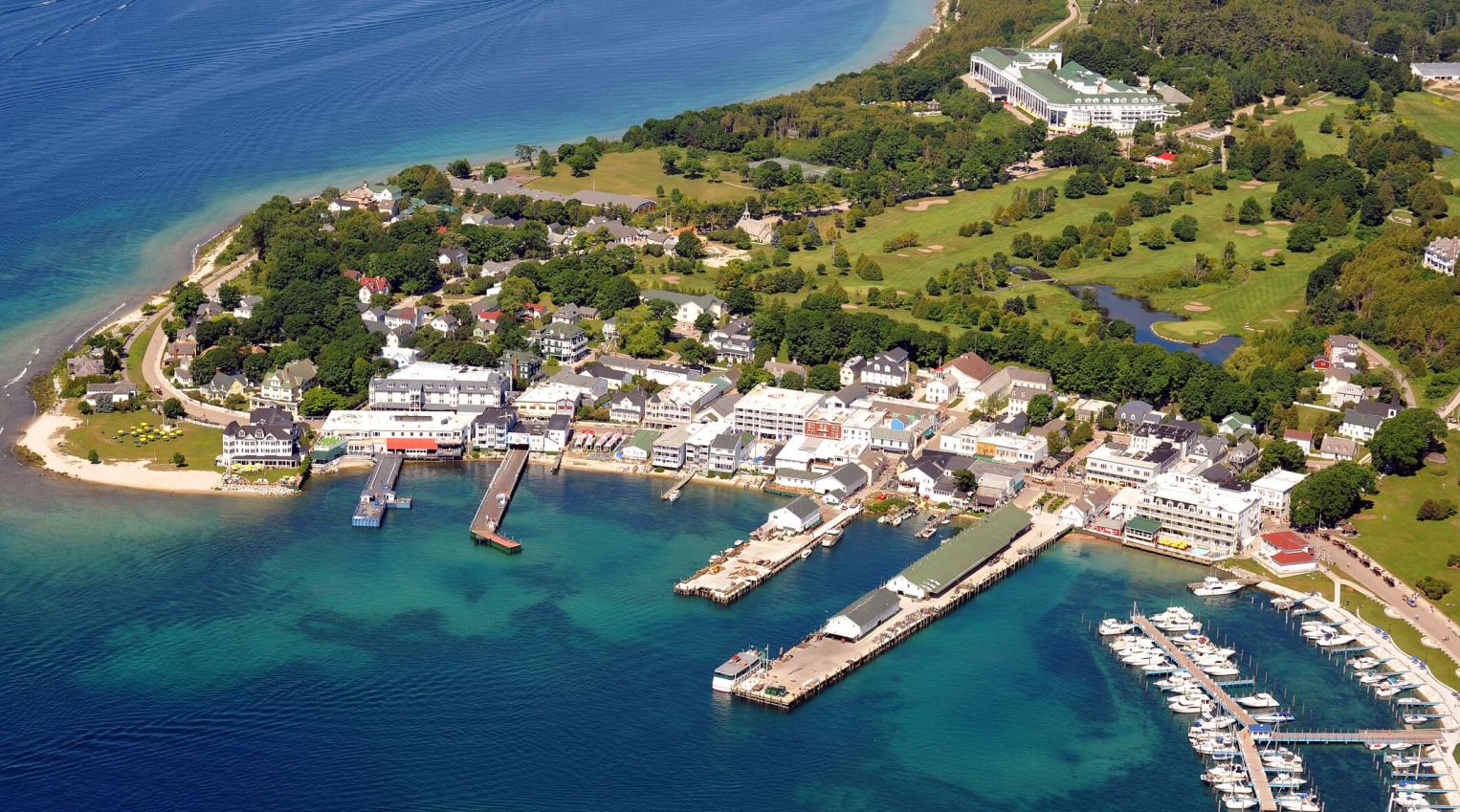 Aerial view of Grand Hotel and Downtown Mackinac