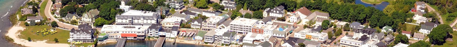 Aerial view of Grand Hotel and Downtown Mackinac