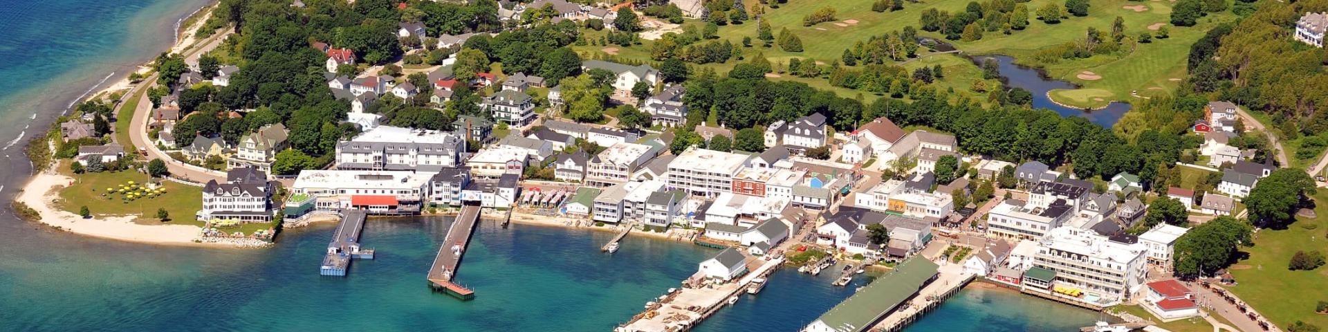 Aerial view of Grand Hotel and Downtown Mackinac