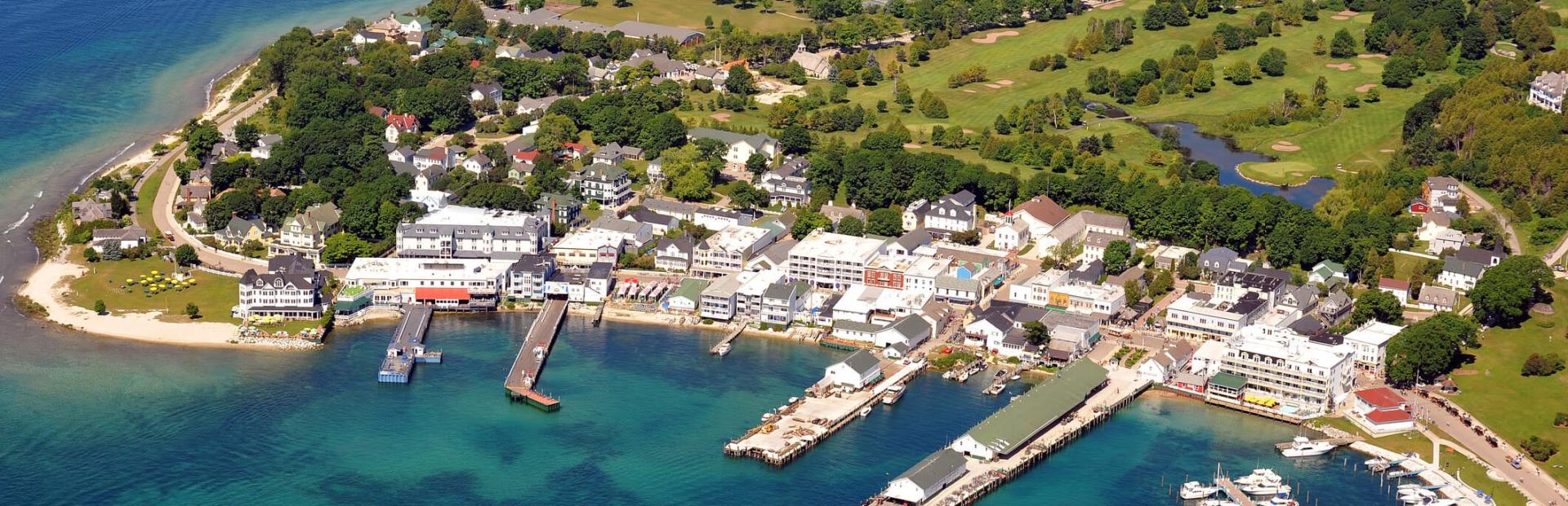 Aerial view of Grand Hotel and Downtown Mackinac