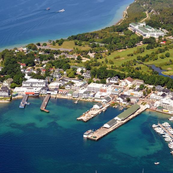 Aerial view of Grand Hotel and Downtown Mackinac
