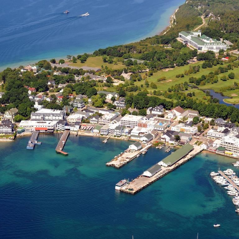 Aerial view of Grand Hotel and Downtown Mackinac