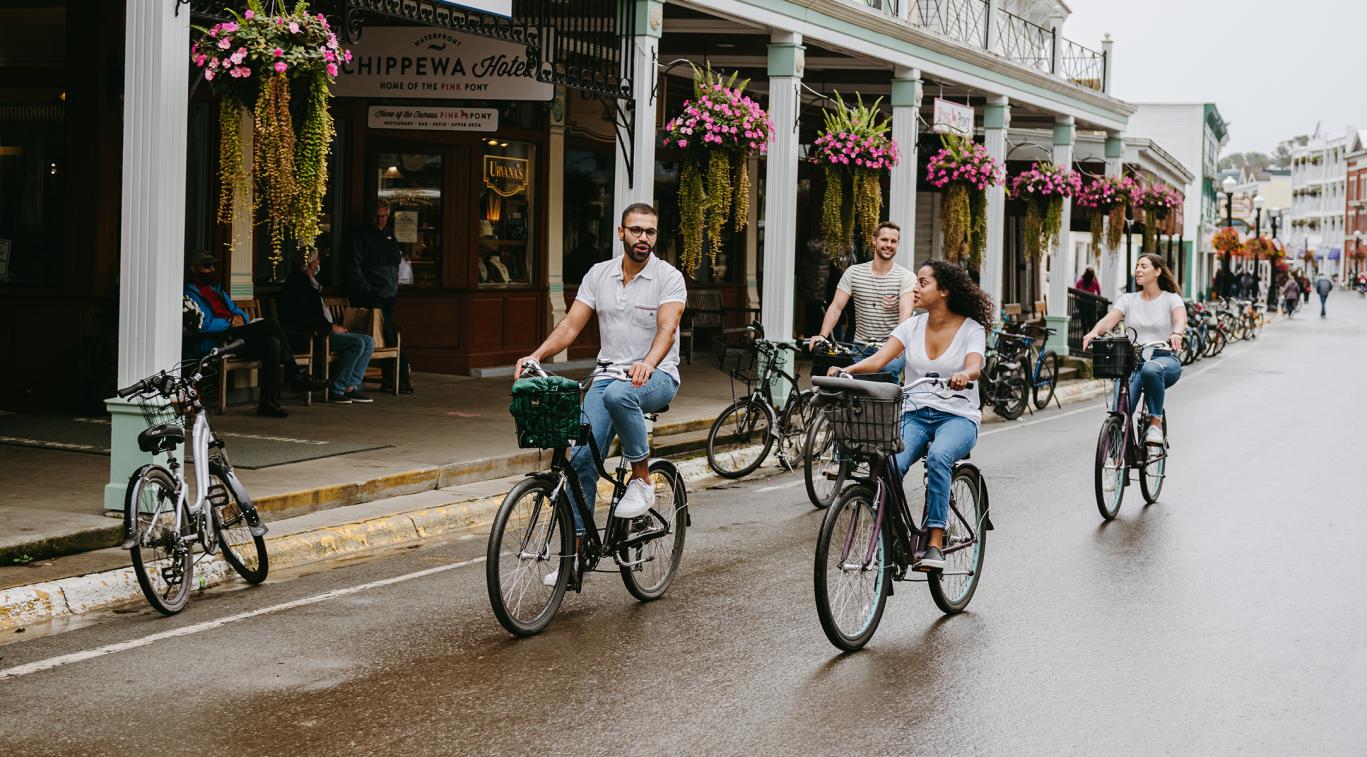 guests biking around Mackinac island