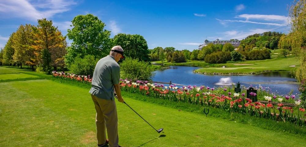 A golfer lining up a shot