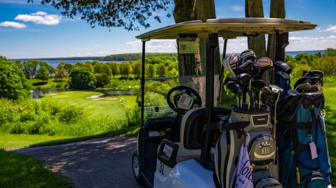 Golf clubs on the back of a golf cart