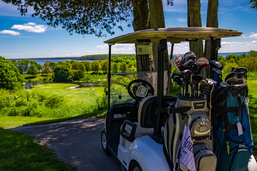 Golf clubs on the back of a golf cart