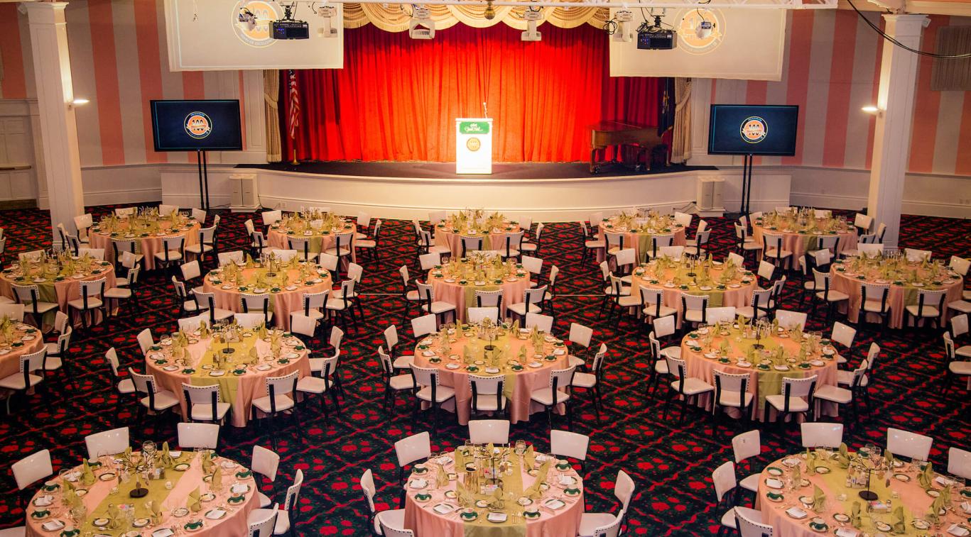 Aerial view of Woodfill Conference Centre setup with round tables