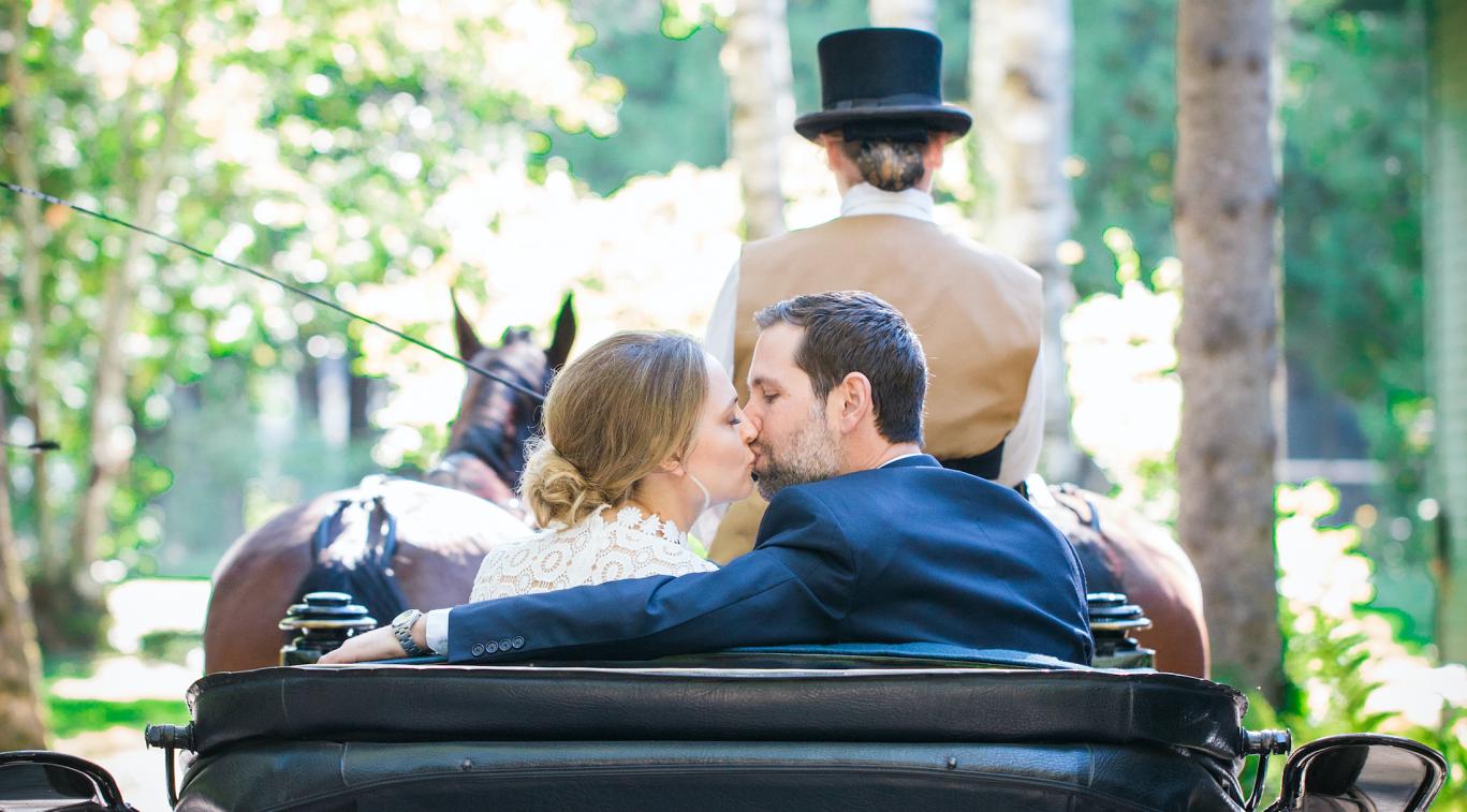 Bride and Groom kissing in the back of a horse drawn carriage