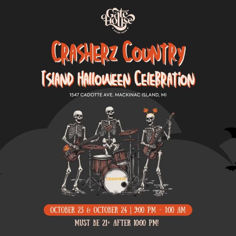 Dark Halloween event banner with a skeleton band and orange title 'Crasherz Country Island Halloween Celebration'