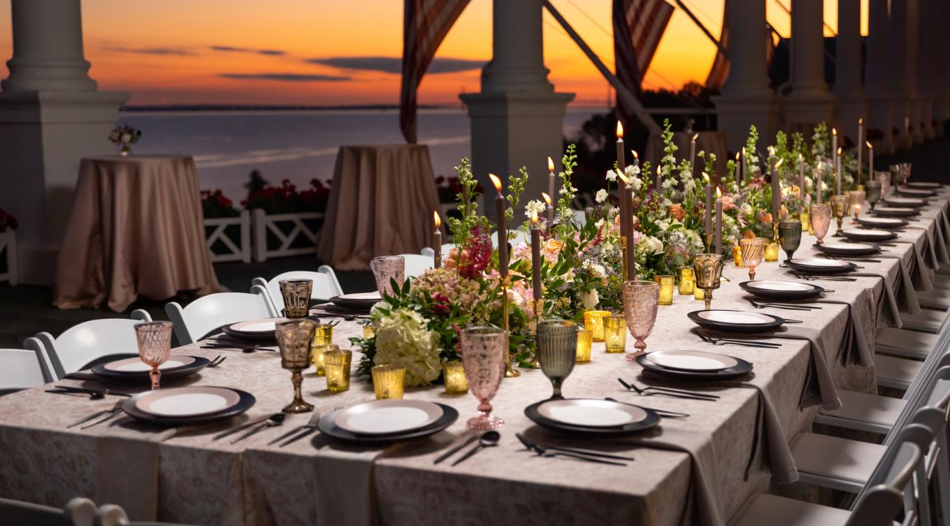 Wedding table on the Front Porch with flags